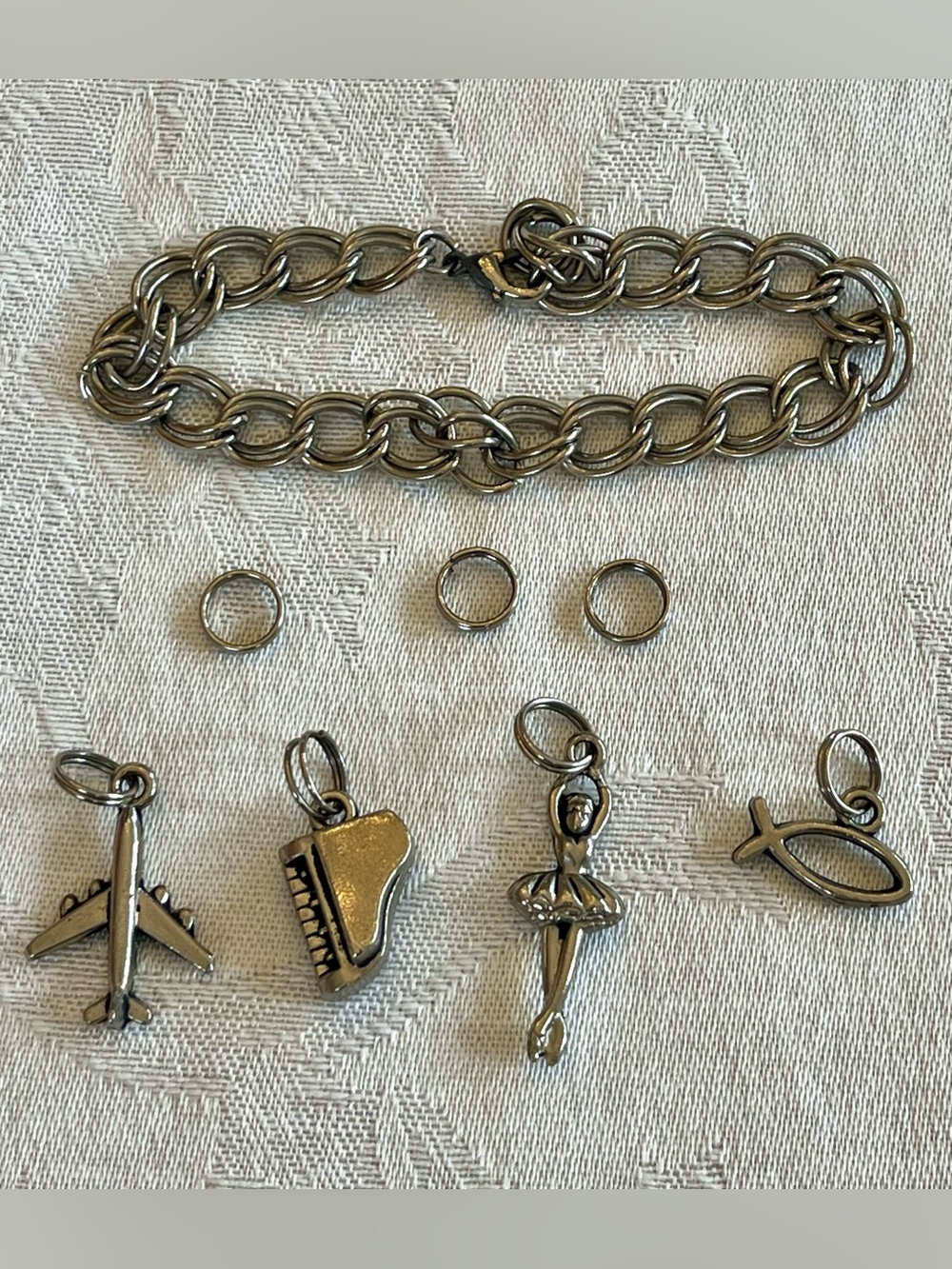 Classic Silver-Tone Charm Bracelet Chain with Ballet, Piano & Airplane Charms
